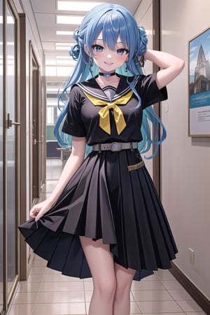 ((office)),  smile,arms behind head,spread legs, ((standing)),masterpiece, best quality, absurdres, perfect anatomy, SuiseiSchool, long hair, half updo, black serafuku, black shirt, black choker, yellow bowtie, grey belt, black skirt, short sleeves, hallway, (masterpiece),scenery,