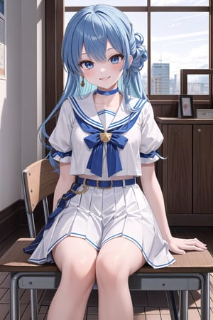 masterpiece, best quality, absurdres, perfect anatomy, SuiseiSchool, long hair, half updo, white serafuku, blue choker, blue bowtie, blue belt, white skirt, short sleeves, indoors, classroom, sitting, chair, smile, ,(masterpiece),scenery