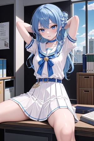 masterpiece, best quality, absurdres, perfect anatomy, SuiseiSchool, long hair, half updo, white serafuku, blue choker, blue bowtie, blue belt, white skirt, short sleeves, indoors, ((office)),arms behind head,spread legs, standing,(masterpiece),scenery