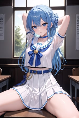 masterpiece, best quality, absurdres, perfect anatomy, SuiseiSchool, long hair, half updo, white serafuku, blue choker, blue bowtie, blue belt, white skirt, short sleeves, indoors, classroom,arms behind head,spread legs, (masterpiece),scenery