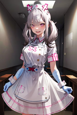 masterpiece, best quality, highres, sk1, white gloves, bandages, white apron, short sleeves, nurse, bandaged arm, wrist cuffs, white dress, fangs, , cowboy shot, standing,