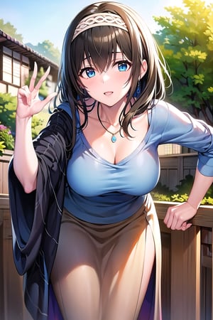 masterpiece, Best Quality, High resolution, aafumika, The Idolmaster, Long Hair, Hairbands, clavicle, necklace, Blue sweater, Blue shawl, Brown Skirt, Cowboy Shot, Standing, sexy pose,Outdoor,bent over and from front,down_blouse,leaning forward