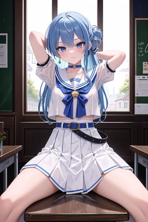 masterpiece, best quality, absurdres, perfect anatomy, SuiseiSchool, long hair, half updo, white serafuku, blue choker, blue bowtie, blue belt, white skirt, short sleeves, indoors, classroom,arms behind head,spread legs, (masterpiece),scenery