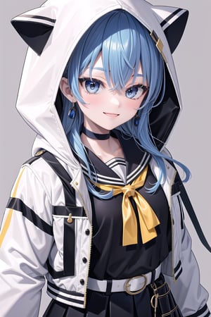 masterpiece, best quality, absurdres, perfect anatomy, SuiseiSchool, long hair, black serafuku, black shirt, black choker, yellow bowtie, grey belt, black skirt, white jacket, hood up, cat hood, open jacket, smile, simple background, portrait, 