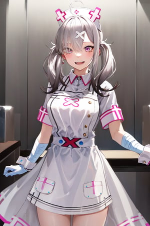 masterpiece, best quality, highres, sk1, white gloves, bandages, white apron, short sleeves, nurse, bandaged arm, wrist cuffs, white dress, fangs, , cowboy shot, standing,