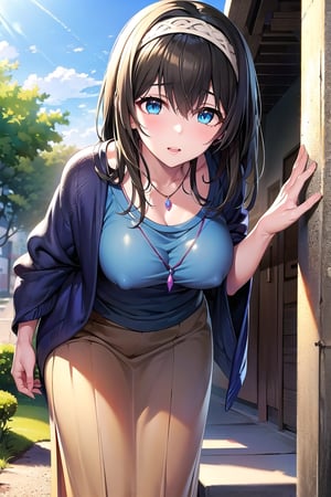 masterpiece, Best Quality, High resolution, aafumika, The Idolmaster, Long Hair, Hairbands, clavicle, necklace, Blue sweater, Blue shawl, Brown Skirt, Cowboy Shot, Standing, sexy pose,Outdoor,bent over and from front,down_blouse,leaning forward