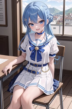 masterpiece, best quality, absurdres, perfect anatomy, SuiseiSchool, long hair, half updo, white serafuku, blue choker, blue bowtie, blue belt, white skirt, short sleeves, indoors, classroom, sitting, chair, smile, ,(masterpiece),scenery