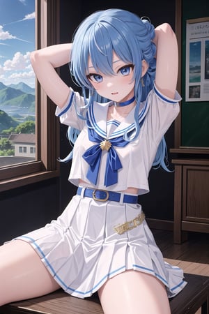 masterpiece, best quality, absurdres, perfect anatomy, SuiseiSchool, long hair, half updo, white serafuku, blue choker, blue bowtie, blue belt, white skirt, short sleeves, indoors, classroom,arms behind head,spread legs, (masterpiece),scenery