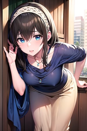 masterpiece, Best Quality, High resolution, aafumika, The Idolmaster, Long Hair, Hairbands, clavicle, necklace, Blue sweater, Blue shawl, Brown Skirt, Cowboy Shot, Standing, sexy pose,Outdoor,bent over and from front,down_blouse,leaning forward