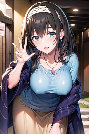 masterpiece, Best Quality, High resolution, aafumika, The Idolmaster, Long Hair, Hairbands, clavicle, necklace, Blue sweater, Blue shawl, Brown Skirt, Cowboy Shot, Standing, sexy pose,Outdoor,bent over and from front,down_blouse,leaning forward