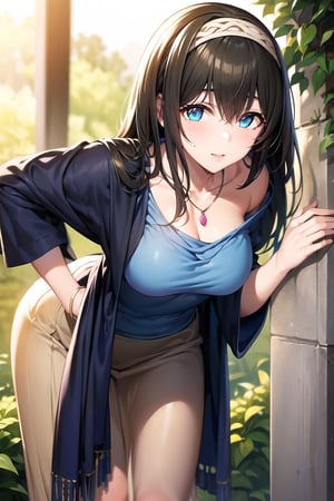 masterpiece, Best Quality, High resolution, aafumika, The Idolmaster, Long Hair, Hairbands, clavicle, necklace, Blue sweater, Blue shawl, Brown Skirt, Cowboy Shot, Standing, sexy pose,Outdoor,bent over and from front,down_blouse,leaning forward