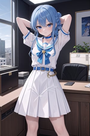 masterpiece, best quality, absurdres, perfect anatomy, SuiseiSchool, long hair, half updo, white serafuku, blue choker, blue bowtie, blue belt, white skirt, short sleeves, indoors, ((office)),arms behind head,spread legs, ((standing)),(masterpiece),scenery