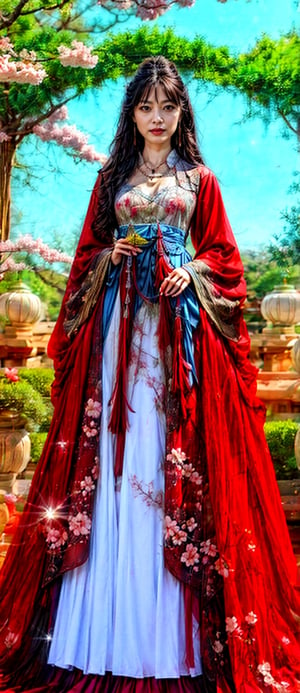 1girl, solo, long hair, black hair, hair ornament, long sleeves, dress, holding, jewelry, standing, full body, flower, earrings, hair flower, wide sleeves, necklace, tree, petals, chinese clothes, letterboxed, cherry blossoms, tassel, hand fan, folding fan, holding fan, hanfu,ancient_beautiful