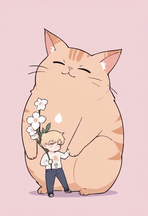 1boy, simple background,cute cat, muscle man,flower,,txznl1ne,CuteCartoonAF