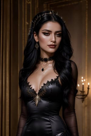  
Fashion model, bathed in dramatic spotlight, showcases feminine black silk dress adorned with intricate obsidian constellation embroidery. A single teardrop gem pendant hangs from a thin obsidian choker, echoing the obsidian stilettos clicking on a minimalist stage shrouded in black fabric. Moonlight whispers through, highlighting cascading raven waves adorned with a crescent moon hairpin, as her confident gaze, tinged with a smirk, exudes power and mystery,obsidian_art,Detailedface
