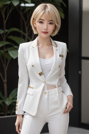 full body, standing, legs apart, white pants, white shoes, FBI agent, blonde hair, short hair, posing, female focus, white suit, white uniform, solo, perfect female body, perfect eyes, posing for magazine, shiny skin, golden trim,