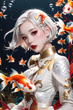 1girl, solo, short hair, hair ornament, red eyes, long sleeves, upper body, white hair, makeup, animal, lipstick, pale skin, eyeshadow, fish, goldfish,DonMM1y4XL,more detail XL