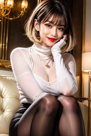 Generates a surreal image of a woman with short blond hair cut into a bob with bangs, looking at the viewer with grey eyes and a tightly closed mouth. She is sitting with her head slightly tilted and her hands on her knees, wearing a white turtleneck sweater and a black high-waisted pencil skirt. She is wearing shiny brown pantyhose and shiny makeup, including red lips and white skin. She is smiling, with her nose and red lips highlighted by the makeup,