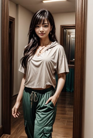 25 yo,beautiful korean girl,25 yo,dark hair(very long hair, straight hair,bangs),hiphop dancer,smile,wearing loose fit hood t shirt,wearing red color wide cargo pants,sneakers,sneakers,dancing prctice hall,standng in front of mirror wall,accessories(necklace,ear_rings),Best Quality, 32k, photorealistic, ultra-detailed, finely detailed, high resolution, perfect dynamic composition, beautiful detailed eyes, sharp-focus, cowboy_shot, ,green eye