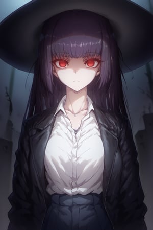 score_9, score_8_up, score_7_up, score_6_up, score_5_up, score_4_up,masterpiece,1 girl,black Mexican sombrero,Mexican,sana sunomiya,sana sunomiya, bangs, Dark purple hair,red eyes, hime cut, ringed eyes, shirt, ,long sleeves, Black leather jacket,White shirt,Collared shirt ,necklace,empty eyes,disdain,Pointed and long ears,/aya_phimosis,phimosis,Glowing eyes,Graveyard background,looking at viewer,