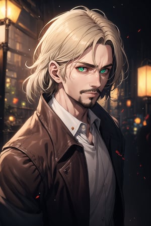 {best quality}, {{masterpiece}}, {highres},{an extremely delicate and beautiful},original, extremely detailed wallpaper,detailed face,anime,1man,cyberpunk,arrogant,Young,delicate,handsome,blonde hair,(short ponytail:0.7),(green eyes,glowing eyes:1.2),(mustache,soul patch:1.1),Brown leather coat,red tie,White shirt,(Medium long hair:0.8),centre parting, ,(dandelionW3_soul3142:0.2), upper body, facial hair, cowboy shot, depth of field, dutch angle, glint,Pointed and long ears,shullet,mullet_hair,nodf_lora,YAMATO
