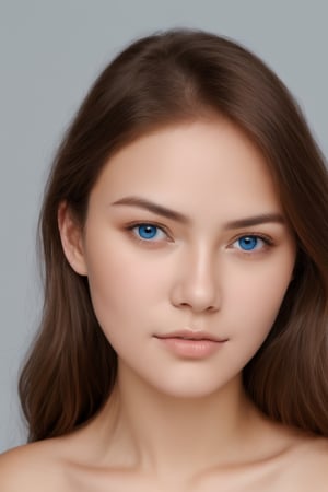 beautiful girl perfect beauty with brown hair blue eyes and fair skin portrait photo passport style looking into camera 

