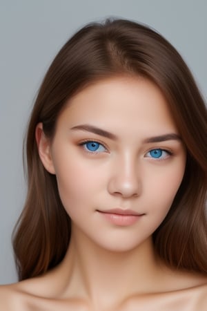 beautiful girl perfect beauty with brown hair blue eyes and fair skin portrait photo passport style looking into camera 
