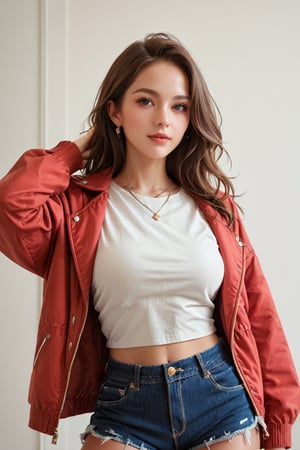 Adorable woman, wearing  shirt and jacket, more_than_one_pose , upper body shot, masterpiece, hyper details, intricate details, beautiful shorts,score_9, score_8_up, score_8,,score_7_up,