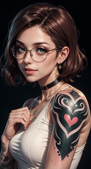 masterpiece, best quality, 3D rendering, 3DMM style, Close-up, sportrait, 3D, 1girll, smile, wearing glasses, Solo, （Brunette long red hair 3.2）, choker necklace, freckles, jewelry, Look at the camera realistically, Upper body, （White suit 1.2）Simple background and white, edged, looking away, short hair, parted lips, green eyes, gothic, choker and necklace, wearing makeup
INFORMATION,((gift:1.4)), (anniversary celebration :1.4), (tattoo:1.4)