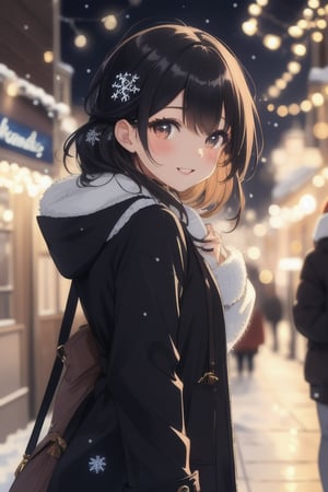 A young girl, radiating cuteness and prettiness, beams with happiness as she stands under the twinkling Christmas lights of a bustling winter night city. Her black locks cascade down her back, parted lips curled into a warm smile. She wears a big, fashionable coat over a hoodie, its warmth contrasting with the snowflakes gently falling around her. Dynamic lighting creates a festive atmosphere, warm and inviting. Snowflakes dance in the air as she gazes up at the night sky, surrounded by the vibrant hues of Christmas decorations.(masterpiece:1.4), Best Quality, 16k, ultra-detailed, finely detailed, high resolution, perfect dynamic composition ,detailed eyes, cinematic lighting, detailed background ,depth of fields ,perfect proportion ,hyperdetailing skin, 