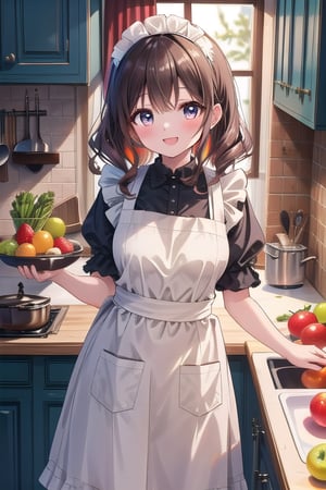 A warm and inviting kitchen scene features a maid with long, curly brown hair and a bright, laugh-filled smile. She's fully clothed in a crisp white apron and matching dress, showcasing her curves as she stands confidently amidst an array of colorful fruits and vegetables. The soft light illuminates the space, casting a cozy glow on the kitchen countertops and appliances.(masterpiece:1.4), Best Quality, 16k, ultra-detailed, finely detailed, high resolution, perfect dynamic composition ,detailed eyes, detailed background ,depth of fields ,perfect proportion ,hyperdetailing skin, cinematic lighting, 