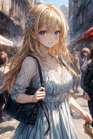 A bright blue sky serves as the backdrop for a vibrant daytime scene at a bustling farmer's market. A blonde-haired girl with straight and long locks beams with a warm smile, directly addressing the viewer. She wears a classic dress that complements her natural beauty as she surveys the colorful produce and lively atmosphere around her.masterpiece ,best quality ,16k ,ultra-detailed ,finely detailed ,high resolution ,perfect dynamic composition ,detailed eyes ,cinematic lighting ,detailed background ,depth of fields ,perfect proportion ,hyperdetailing skin,clear skin ,harmonious composition ,