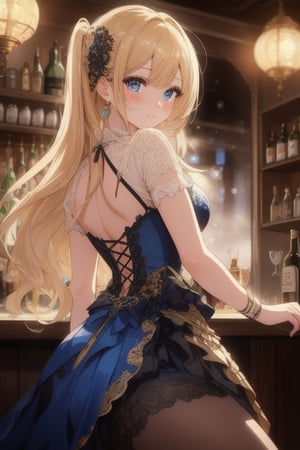 In a dimly lit steampunk-inspired bar, a stunning 25-year-old girl sits with her crossed legs and long blonde locks cascading down her back like a river of gold. Her piercing blue eyes sparkle behind a thick layer of eyeliner and eye shadow. A delicate, rosy blush adorns her cheeks as she flashes a small, shy smile. The atmosphere is romantic and gothic, with intricate clockwork machinery and vintage gadgets on display. A drink in hand, she appears a little tipsy, but her glamorous beauty remains untouched. The bokeh effect surrounding her creates a dreamy ambiance, as if the entire scene is being reflected through a misty windowpane.(masterpiece:1.4), Best Quality, 16k, ultra-detailed, finely detailed, high resolution, perfect dynamic composition ,detailed eyes, cinematic lighting, detailed background ,depth of fields ,perfect proportion ,hyperdetailing skin, 