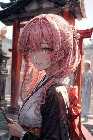 1 girl ,Japanese shrine maiden ,pink hair ,straight long hair ,bangs ,long locks ,grey eyes ,smile ,enjoy ,happy ,looking at viewer ,parted lips ,portrait ,wearing Japanese shrine maiden costume ,daytime ,bg is shrine ,bokeh ,masterpiece ,best quality ,16k ,ultra-detailed ,finely detailed ,high resolution ,perfect dynamic composition ,detailed eyes ,cinematic lighting ,detailed background ,depth of fields ,perfect proportion ,hyperdetailing skin,clear skin ,harmonious composition ,