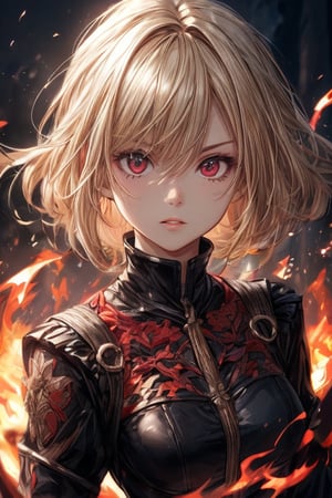 portrait ,1 girl ,blonde hair ,short hair ,long locks ,red eyes ,serious ,nervous ,parted lips ,bg is flame and fire ,fighter ,duelist ,gladiator ,soldier ,masterpiece ,best quality ,16k ,ultra-detailed ,finely detailed ,high resolution ,perfect dynamic composition ,detailed eyes ,cinematic lighting ,detailed background ,depth of fields ,perfect proportion ,hyperdetailing skin,clear skin ,harmonious composition ,