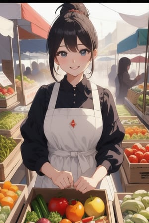 A 20-year-old beauty in traditional dress and apron stands confidently at a bustling farmer's market, her blown hair styled in a ponytail, framing her heartwarming smile. Her bright eyes lock onto the viewer, radiating happiness as she surveys the vibrant produce spread before her - an assortment of colorful vegetables and fruits. The medieval-inspired atmosphere is shrouded in mystery, yet her joy is palpable, drawing the viewer into her whimsical world.(masterpiece:1.4), Best Quality, 16k, ultra-detailed, finely detailed, high resolution, perfect dynamic composition ,detailed eyes, cinematic lighting, detailed background ,depth of fields ,perfect proportion ,hyperdetailing skin, 