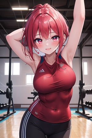 A stunning young woman with a radiant big smile lights up the indoor gym setting. She wears a bold red top and leggings, her dark makeup accentuating her features. Soft light casts a warm glow on her face as she performs an energetic aerobic exercise routine, her body fluidly moving through gymnastics-inspired moves amidst the modern gym equipment.(masterpiece:1.4), Best Quality, 16k, ultra-detailed, finely detailed, high resolution, perfect dynamic composition ,detailed eyes, detailed background ,depth of fields ,perfect proportion ,hyperdetailing skin, cinematic lighting, 
