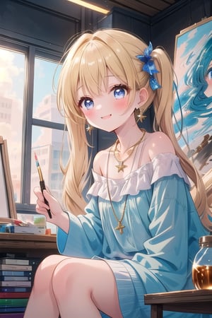 A warm and inviting scene: a single girl sits in an artist's studio, bathed in sidelighting that accentuates the honey blonde hue of her short twintail. Her smile radiates joy as she gazes out the window, a tiny earring glimmering on her left lobe. A delicate necklace adorns her neck, adding to her whimsical charm. The studio's walls are lined with art supplies and half-finished canvases, while the girl's presence brings a sense of creative energy to the space.(masterpiece:1.4), Best Quality, 16k, ultra-detailed, finely detailed, high resolution, perfect dynamic composition ,detailed eyes, detailed background ,depth of fields ,perfect proportion ,hyperdetailing skin, cinematic lighting, 