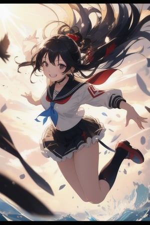 A young girl with striking black hair and piercing black eyes beams with joy as she jumps into frame, wearing a short serafuku uniform with a cheeky grin (:) on her face. Her long black locks flow behind her, and her eyes sparkle with mischief. A scattering of jewelry adorns her neck and ears, catching the sunlight. The camera captures her full body in mid-air, as she springs into action against a blurry summer background.(masterpiece:1.4), Best Quality, 16k, ultra-detailed, finely detailed, high resolution, perfect dynamic composition ,detailed eyes, cinematic lighting, detailed background ,depth of fields ,perfect proportion ,hyperdetailing skin, 