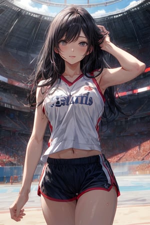 1 girl ,black hair ,medium long hair ,straight hair ,grey eyes ,smile ,enjoy ,happy ,parted lips ,looking at viewer ,sports_uniform ,sleeveless ,short_pants ,wiping sweat with a towel ,daytime ,bg is stadium ,masterpiece ,best quality ,16k ,ultra-detailed ,finely detailed ,high resolution ,perfect dynamic composition ,detailed eyes ,cinematic lighting ,detailed background ,depth of fields ,perfect proportion ,hyperdetailing skin,clear skin ,harmonious composition ,