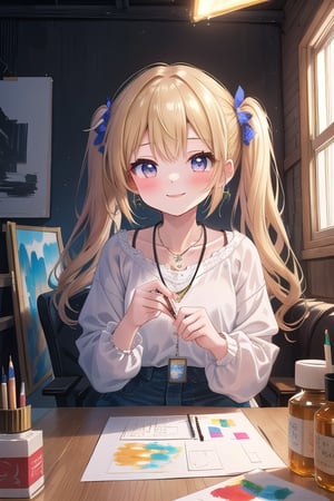A warm and inviting scene: a single girl sits in an artist's studio, bathed in sidelighting that accentuates the honey blonde hue of her short twintail. Her smile radiates joy as she gazes out the window, a tiny earring glimmering on her left lobe. A delicate necklace adorns her neck, adding to her whimsical charm. The studio's walls are lined with art supplies and half-finished canvases, while the girl's presence brings a sense of creative energy to the space.(masterpiece:1.4), Best Quality, 16k, ultra-detailed, finely detailed, high resolution, perfect dynamic composition ,detailed eyes, detailed background ,depth of fields ,perfect proportion ,hyperdetailing skin, cinematic lighting, 