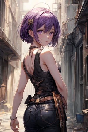 steampunk ,1 girl ,violet hair ,very short hair ,purple eyes ,tanktop ,flat chest ,hot_pants ,listless ,ruin ,devastated ,dim ,night ,back alley ,walking ,looking at viewer ,full moon visible through the gap between buildings ,masterpiece ,best quality ,16k ,ultra-detailed ,finely detailed ,high resolution ,perfect dynamic composition ,detailed eyes ,cinematic lighting ,detailed background ,depth of fields ,perfect proportion ,hyperdetailing skin,clear skin ,harmonious composition ,