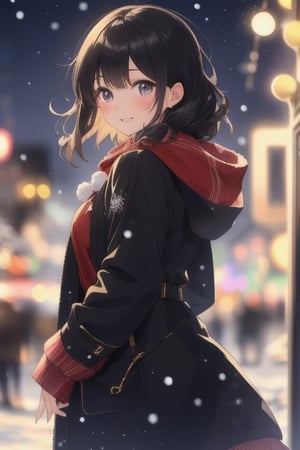 A young girl, radiating cuteness and prettiness, beams with happiness as she stands under the twinkling Christmas lights of a bustling winter night city. Her black locks cascade down her back, parted lips curled into a warm smile. She wears a big, fashionable coat over a hoodie, its warmth contrasting with the snowflakes gently falling around her. Dynamic lighting creates a festive atmosphere, warm and inviting. Snowflakes dance in the air as she gazes up at the night sky, surrounded by the vibrant hues of Christmas decorations.(masterpiece:1.4), Best Quality, 16k, ultra-detailed, finely detailed, high resolution, perfect dynamic composition ,detailed eyes, cinematic lighting, detailed background ,depth of fields ,perfect proportion ,hyperdetailing skin, 