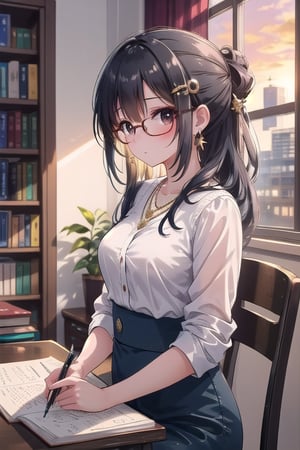 A 20-year-old girl with long black hair tied up in a meganekko style, straight and sleek. Her large breasts are barely contained by her white blouse, the closed buttons giving way to a peek of bra beneath. A tiny earring adorns one earlobe, while a necklace and hair ornament add a touch of elegance to her messy study room.

She sits comfortably in a chair, surrounded by a bookshelf overflowing with volumes, their spines cracked and worn from frequent use. The table beside her is cluttered with papers, pens, and books, giving the impression that she's deep in thought or studying for an exam.

The cowboy-shot composition focuses on her from a slight angle, emphasizing her features as the warm rays of sunset pour through the window behind her, casting a golden glow over the room. Her black eyes seem to sparkle with intelligence, drawing the viewer's gaze back to her captivating presence.(masterpiece:1.4), Best Quality, 16k, ultra-detailed, finely detailed, high resolution, perfect dynamic composition ,detailed eyes, detailed background ,depth of fields ,perfect proportion ,hyperdetailing skin, cinematic lighting, 