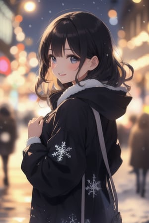 A young girl, radiating cuteness and prettiness, beams with happiness as she stands under the twinkling Christmas lights of a bustling winter night city. Her black locks cascade down her back, parted lips curled into a warm smile. She wears a big, fashionable coat over a hoodie, its warmth contrasting with the snowflakes gently falling around her. Dynamic lighting creates a festive atmosphere, warm and inviting. Snowflakes dance in the air as she gazes up at the night sky, surrounded by the vibrant hues of Christmas decorations.(masterpiece:1.4), Best Quality, 16k, ultra-detailed, finely detailed, high resolution, perfect dynamic composition ,detailed eyes, cinematic lighting, detailed background ,depth of fields ,perfect proportion ,hyperdetailing skin, 