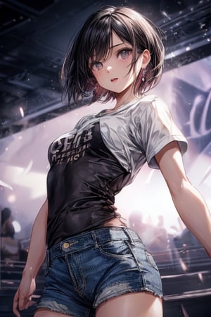 1 girl ,karaoke ,in the karaoke room ,singing ,shout ,black hair ,very short hair ,black eyes ,enjoy ,happy ,T-shirt ,jeans ,tiny earrings ,masterpiece ,best quality ,16k ,ultra-detailed ,finely detailed ,high resolution ,perfect dynamic composition ,detailed eyes ,cinematic lighting ,detailed background ,depth of fields ,perfect proportion ,hyperdetailing skin,clear skin ,harmonious composition ,