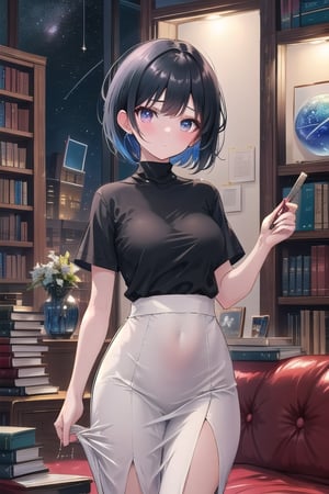 A young woman with a sleek bobcut and bangs, her black hair framing her oval-shaped face, stands tall in the cozy living room. Her slender figure is showcased by the fitted black shirt with short sleeves and turtleneck collar. Her intense gaze is focused ahead, her closed mouth giving away no hint of expression. The space around her is cluttered with books, adding to the intellectual atmosphere.(masterpiece:1.4), Best Quality, 16k, ultra-detailed, finely detailed, high resolution, perfect dynamic composition ,detailed eyes, detailed background ,depth of fields ,perfect proportion ,hyperdetailing skin, cinematic lighting, 