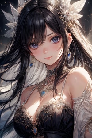 A dreamy-eyed beauty with a bright, sassy smile and long black hair framing her face. In a front-shot portrait, she gazes directly at the viewer with a hint of shyness and blush. Bangs softly sweep across her forehead, accentuating her elegant features. A delicate necklace glimmers around her neck, complemented by tiny earrings. Her fantasy-like essence radiates through her confident yet vulnerable expression, drawing the viewer in.masterpiece ,best quality ,16k ,ultra-detailed ,finely detailed ,high resolution ,perfect dynamic composition ,detailed eyes ,cinematic lighting ,detailed background ,depth of fields ,perfect proportion ,hyperdetailing skin,clear skin ,harmonious composition ,