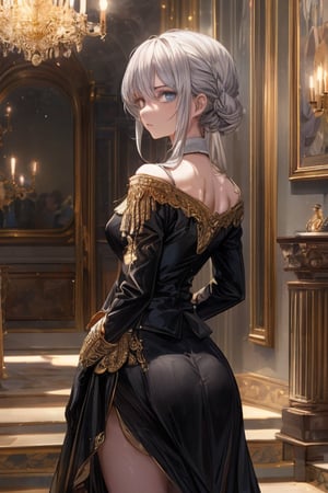 In a grandiose mansion's opulent hall, a stunning girl stands tall, exuding elegance and dominance. Her silver locks cascade down her back in a himecut hairstyle, framing her porcelain skin with hyperdetailing mastery. She wears an exquisite black military dress, complete with a white shirt, blazer, skirt, and gloves, as well as a gold cloth shoulder pad and military plate cap. Her bright blue eyes shine like stars, casting a cold and dominant gaze. The mansion's lavish interior serves as the backdrop for this masterpiece of a scene, with every detail rendered in 4K resolution.