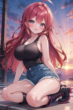 A 19-year-old girl with a stunningly beautiful and kawaii face beams brightly, her blown-out, caramel-hued hair styled in loose waves framing her features. The ahoge (bangs) fall gently across her forehead, adding to the overall charm. She wears a tank top that teases a glimpse of her bra beneath, paired with shorts and rugged boots. As she poses against a breathtaking sunset backdrop, her big smile radiates joy, drawing the viewer's eye. (large breasts:1.3) ,(masterpiece:1.4), Best Quality, 16k, ultra-detailed, finely detailed, high resolution, perfect dynamic composition ,detailed eyes, detailed background ,depth of fields ,perfect proportion ,hyperdetailing skin, cinematic lighting, 
